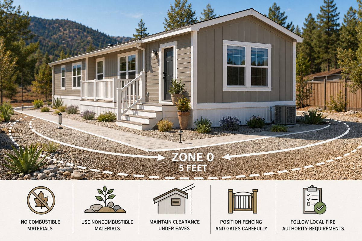 A manufactured home with a dashed line marking the five-foot Zone 0 area around the structure, surrounded by gravel and low-growing landscaping.