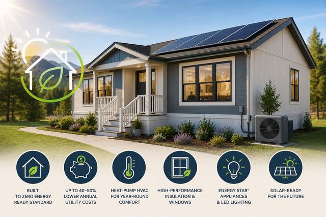 An energy-efficient manufactured home with rooftop solar panels and an exterior heat-pump unit.