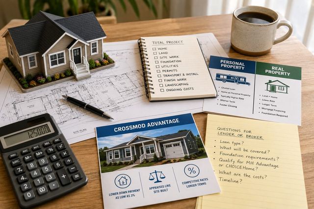 A desk with a site plan, a total-project cost checklist, and a card comparing personal-property and real-property financing.