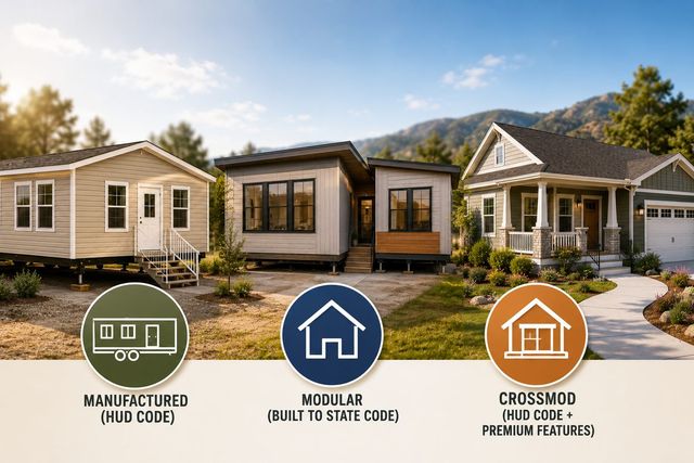 Three factory-built homes side by side, labelled manufactured (HUD Code), modular (built to state code), and CrossMod (HUD Code plus premium features).