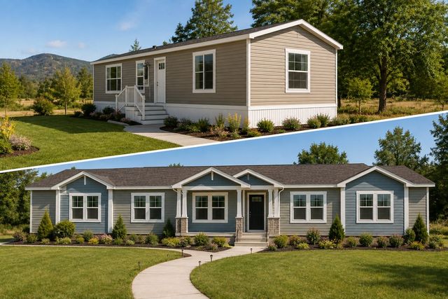 A narrow single-section manufactured home shown above a wider multi-section home for comparison.