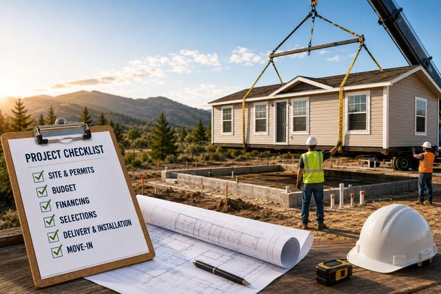 A project checklist and site plan beside a manufactured home being lifted onto a prepared foundation by crane.