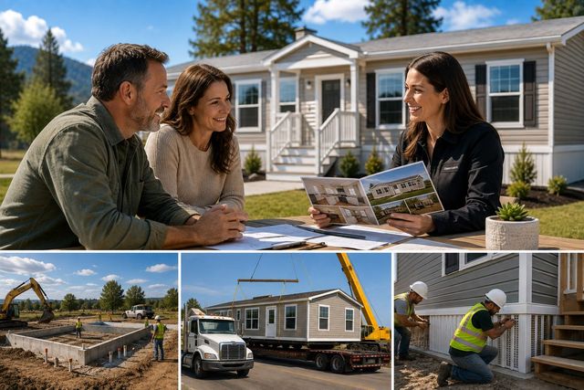 A retailer reviewing floor plans with a couple, above photographs of foundation work, transport, and installation.